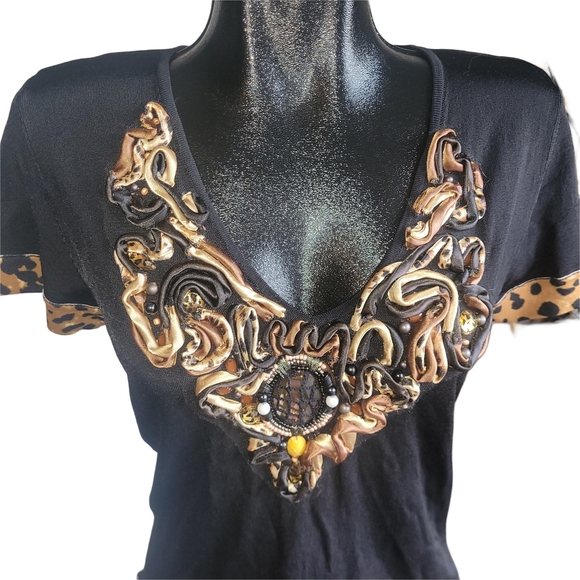 Motive Black Top with Leopard Print Trim and Embellished Front M - Picture 2 of 7